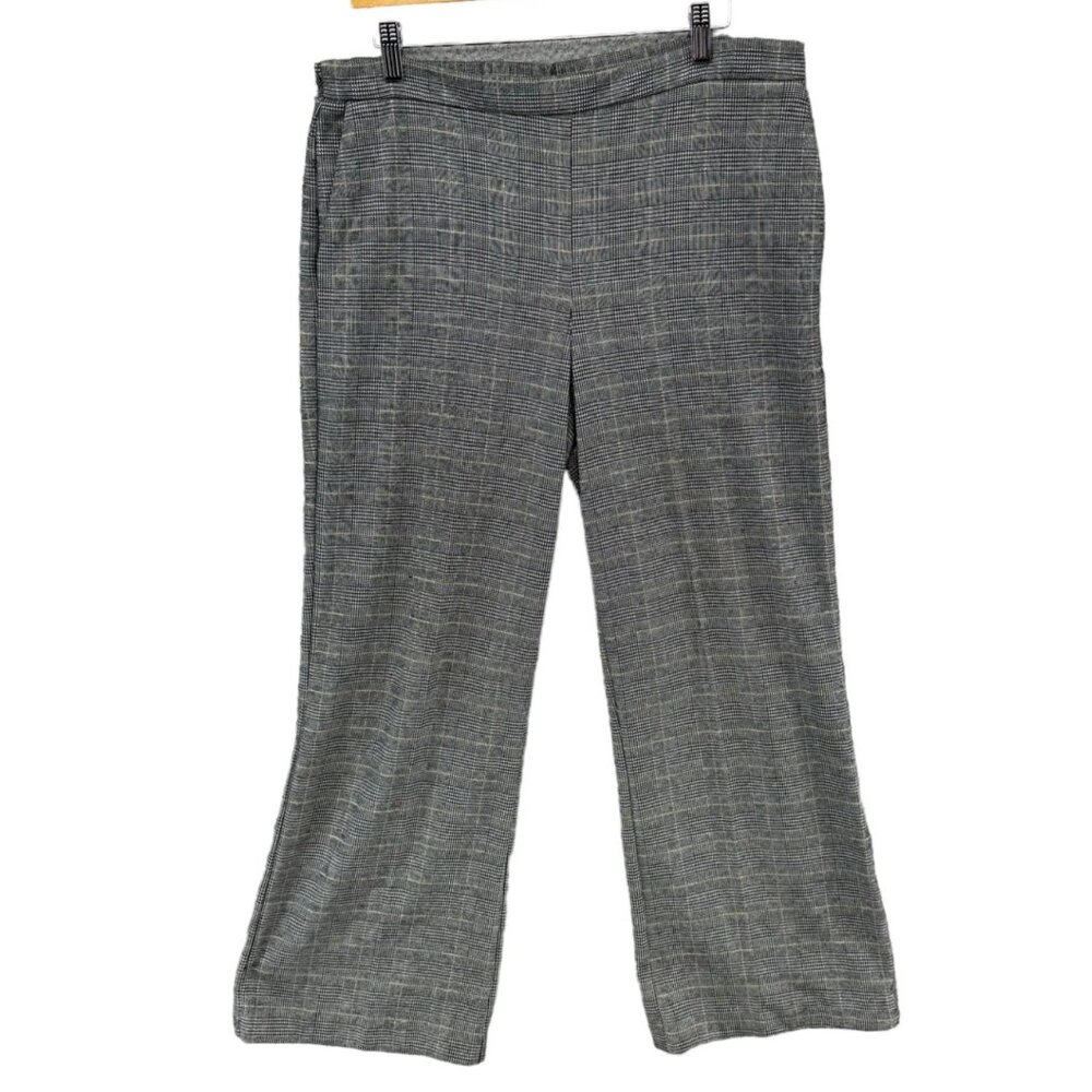 Nicole Miller Glen Plaid Pants Womens Grey Black Straight Leg Pull On Size 14